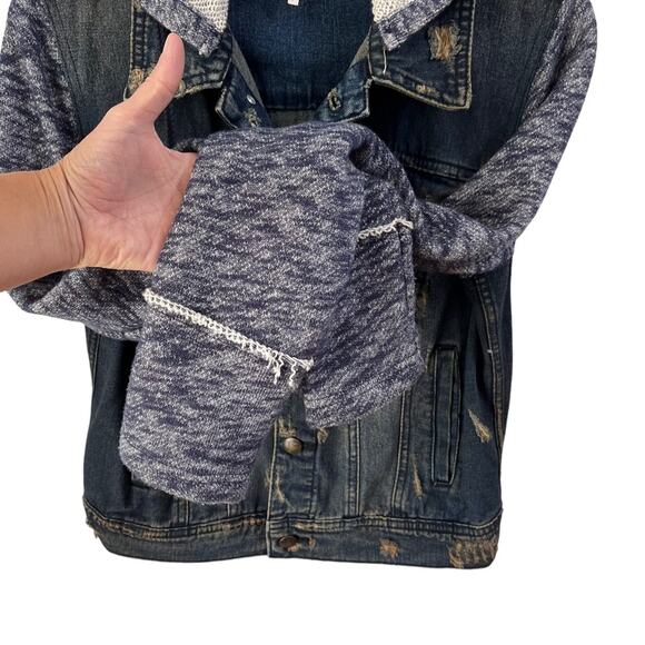 Free People Hoodie Jean Jacket Distressed Denim Sz S Removable Hood - Picture 7 of 15